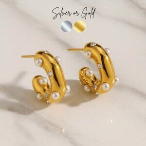 “Bella” {Gold OR Silver} 18K Stainless Steel Pearl Hoops